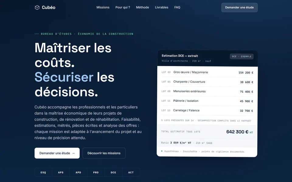 Page d’accueil du site Cubéo (cubeo-ing.fr), version ordinateur