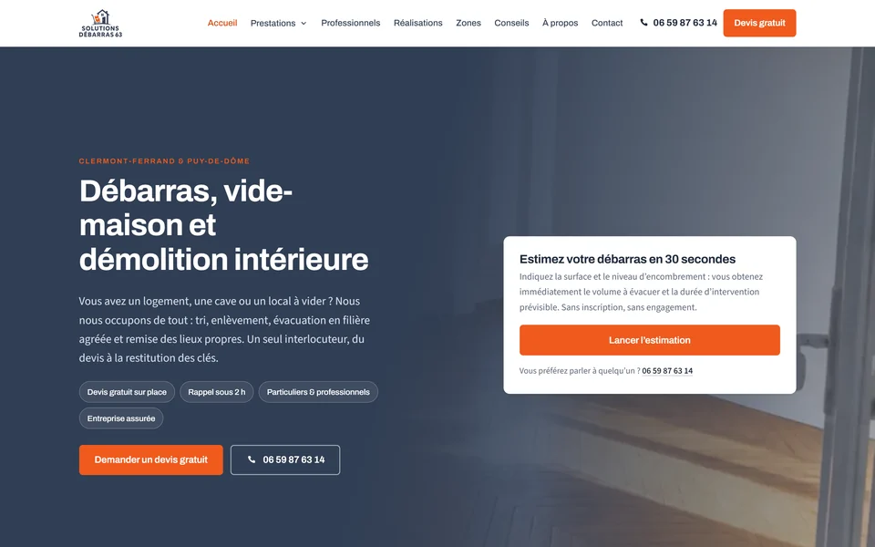 Page d’accueil du site Solutions Débarras 63 (solutionsdebarras63.fr), version ordinateur